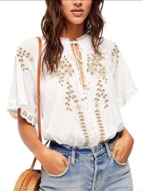 Free People DAHLIA EMBROIDERED TOP SIZE XSMALL